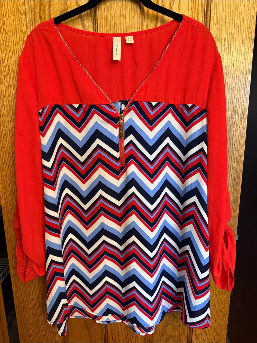 Tacera Large Red Chevron Zip-Front Blouse